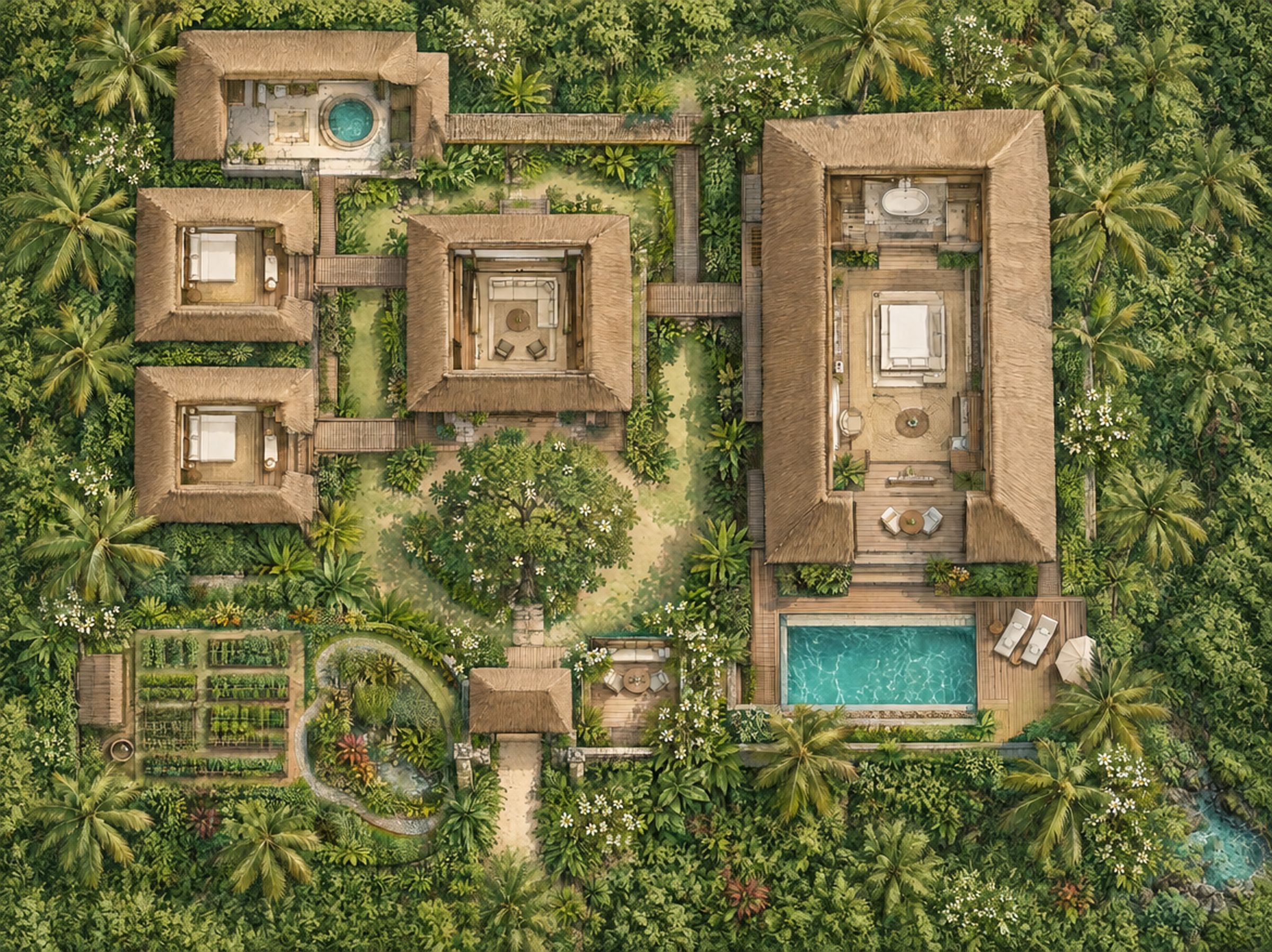 Illustrated plan of the three bedroom show home: thatched pavilions around a garden courtyard with a shade tree